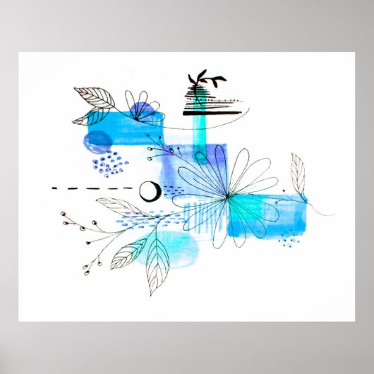 Abstract Kunstzwart Floral blauw en grijs Poster (Voorkant)