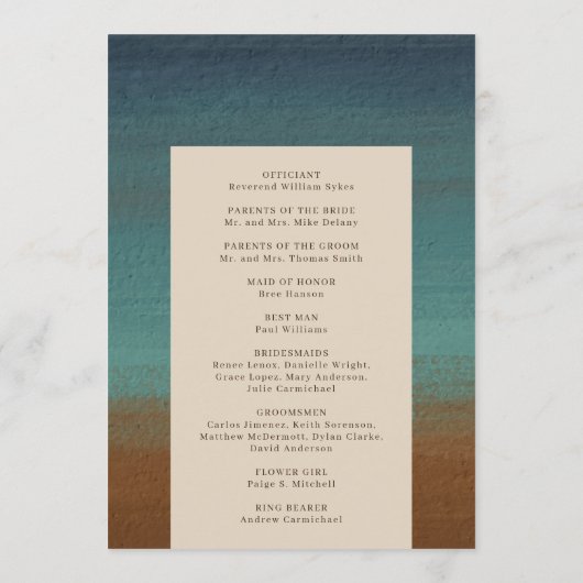 Abstract Kust Chic Modern Huwelijk Programmakaart (Achterkant)