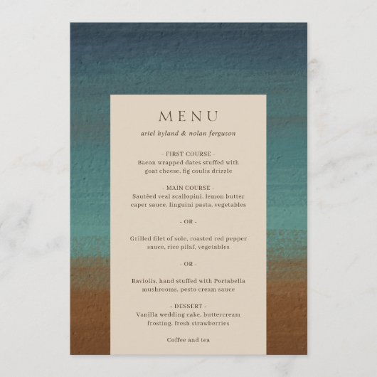 Abstract Kust Chic Moderne Trouwdag Menu (Voorkant)