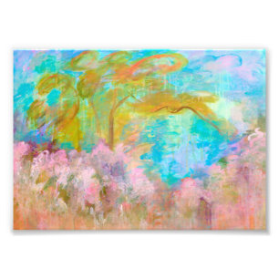 Abstract Landscape Art Tree Pink Aqua Flowers Foto Afdruk