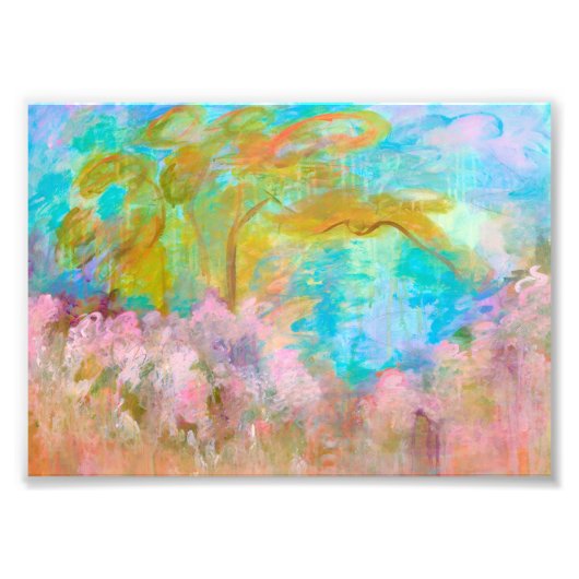 Abstract Landscape Art Tree Pink Aqua Flowers Foto Afdruk (Voorkant)