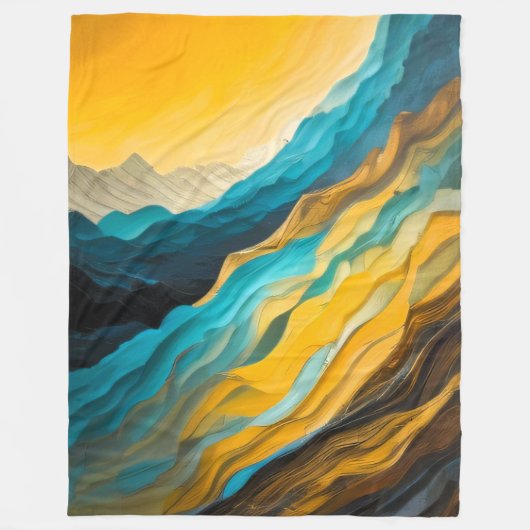 Abstract Landschap Blauw Geel Bruin Fleece Deken (Voorkant)