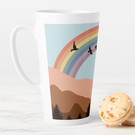 Abstract landschap bos bomen regenboog & vogels latte mok (In situ)