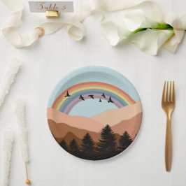 Abstract landschap bos bomen regenboog & vogels papieren bordje