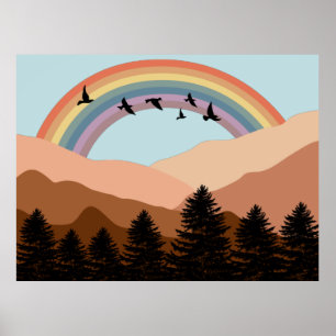 Abstract Landschap Bos Bomen Regenboog & Vogels Poster