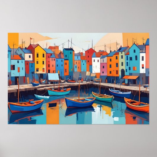Abstract Landschap Dorp Port Achtergrond Kunst Poster (Voorkant)