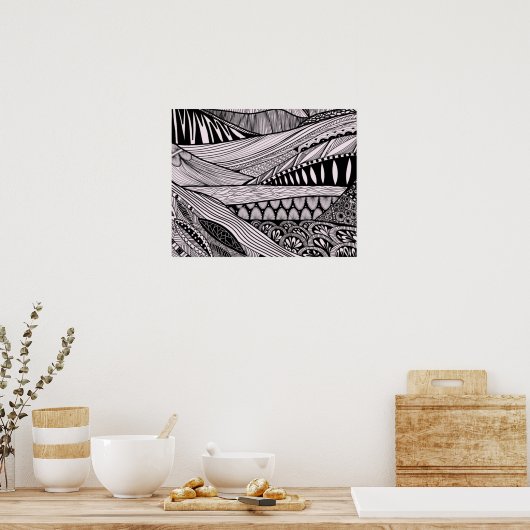 Abstract landschap Lineart Bergen en rivieren Poster (Keuken)