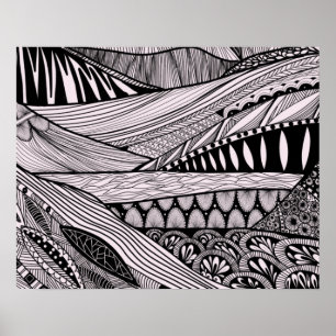 Abstract landschap Lineart Bergen en rivieren Poster