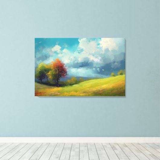 Abstract landschap met heuvels en bomen en bewolkt canvas afdruk (Insitu (Houten vloer))