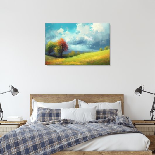 Abstract landschap met heuvels en bomen en bewolkt canvas afdruk (Insitu (Slaapkamer))