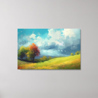 Abstract landschap met heuvels en bomen en bewolkt canvas afdruk