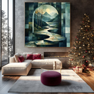 Abstract landschap met poort en serene rivier canvas afdruk