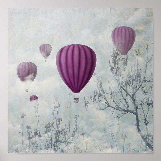 Abstract landschap met roze heteluchtballonnen poster (Voorkant)