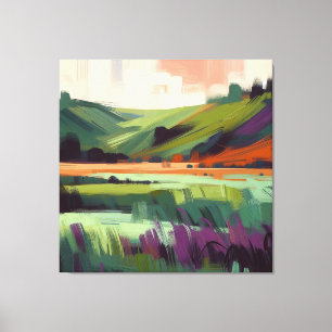 Abstract landschap met roze lucht, paars en grijs canvas afdruk