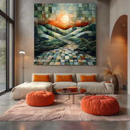 Abstract Landschap met Zonnig Pad en Geometrisch V Canvas Afdruk