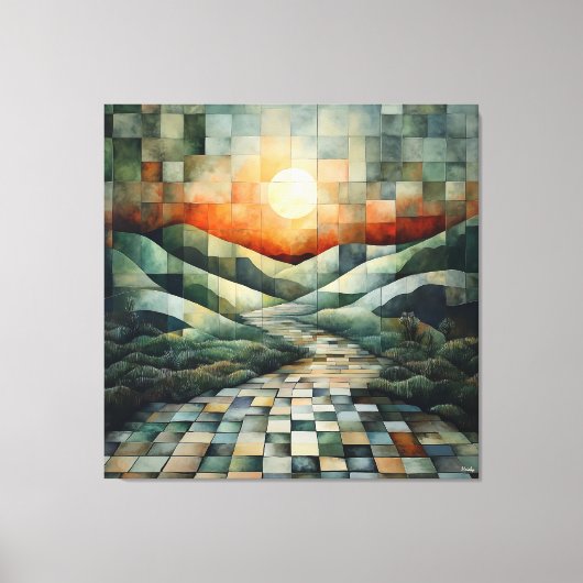 Abstract landschap met zonovergoten pad en geometr canvas afdruk (Voorkant)