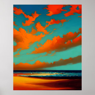 Abstract landschap met zonsondergang blauwgroen or poster