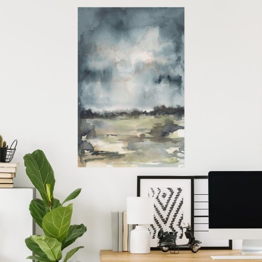 Abstract landschap Neutrale donkere Waterverf Poster (Thuiskantoor)