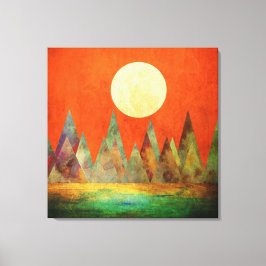 Abstract landschap Oranje hemel met volle maan ber Canvas Afdruk