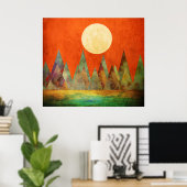 Abstract landschap Oranje hemel met volle maan ber Poster (Thuiskantoor)