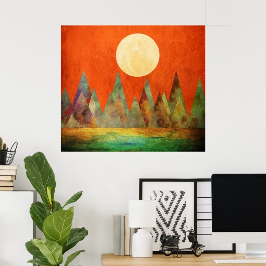 Abstract landschap Oranje hemel met volle maan ber Poster (Thuiskantoor)
