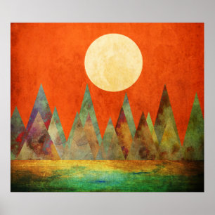 Abstract landschap Oranje hemel met volle maan ber Poster