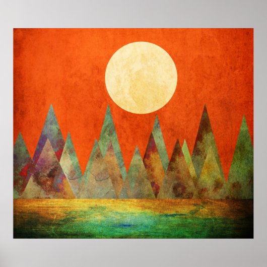 Abstract landschap Oranje hemel met volle maan ber Poster (Voorkant)