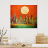 Abstract landschap Oranje hemel met volle maan ber Poster (Keuken)