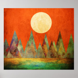 Abstract landschap Oranje hemel met volle maan ber Poster