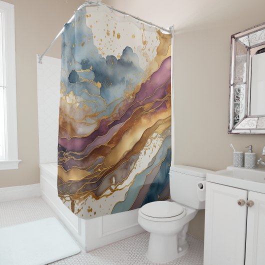 Abstract Landschap Paarse Bruin Blauw Goud Douchegordijn (In situ)