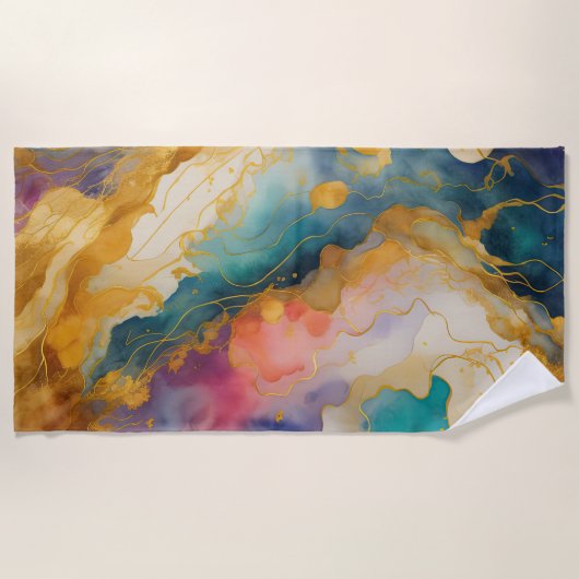 Abstract Landschap Paarse Roze Blauw Goud Strandlaken (Voorkant)