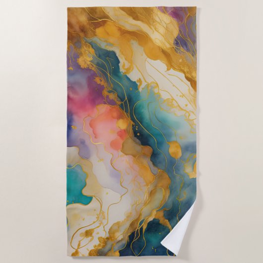 Abstract Landschap Paarse Roze Blauw Goud Strandlaken (Voorkant)