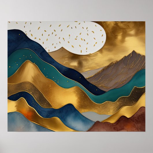 Abstract Landschap Schilderij Goud Roest Blauw Poster (Voorkant)