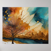 Abstract Landschap Schilderij Goud Roest Blauw Poster (Voorkant)