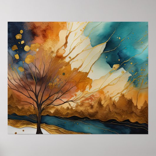 Abstract Landschap Schilderij Goud Roest Blauw Poster (Voorkant)