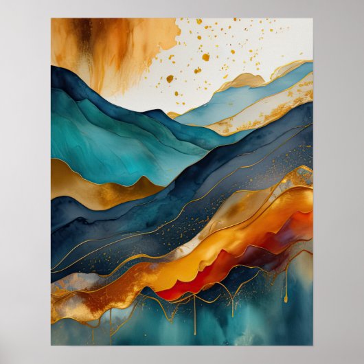Abstract Landschap Schilderij Goud Roest Blauw Poster (Voorkant)