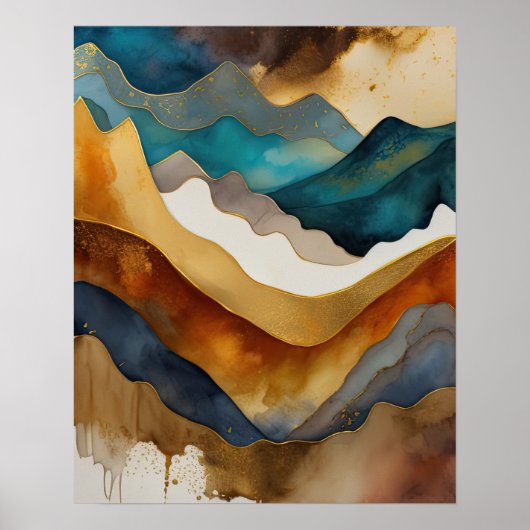 Abstract Landschap Schilderij Goud Roest Blauw Poster (Voorkant)