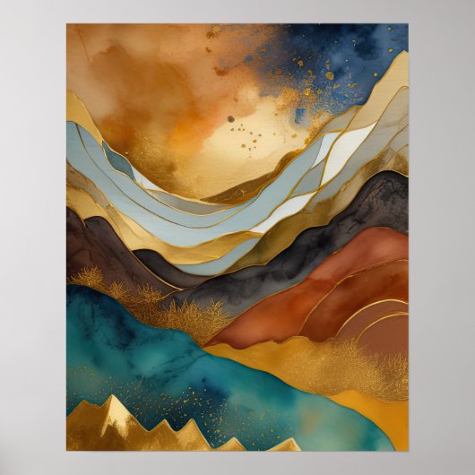 Abstract Landschap Schilderij Goud Roest Blauw Poster (Voorkant)