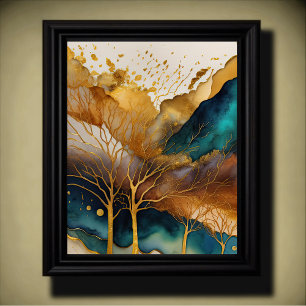 Abstract Landschap Schilderij Goud Roest Blauw Poster