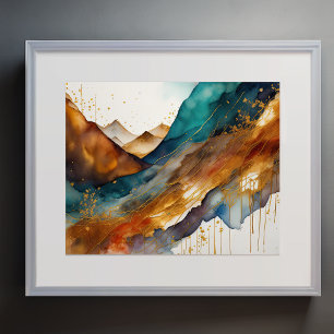 Abstract Landschap Schilderij Goud Roest Blauw Poster