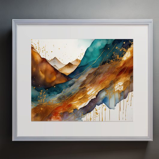 Abstract Landschap Schilderij Goud Roest Blauw Poster