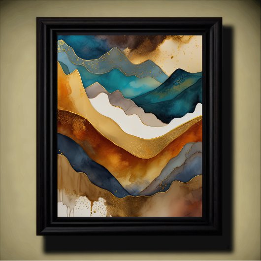 Abstract Landschap Schilderij Goud Roest Blauw Poster