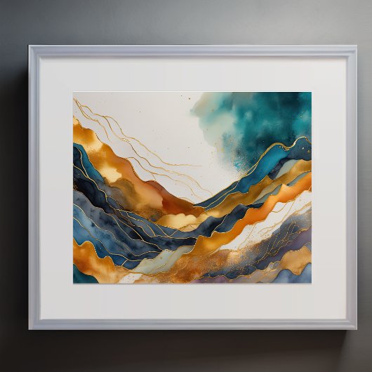 Abstract Landschap Schilderij Goud Roest Blauw Poster