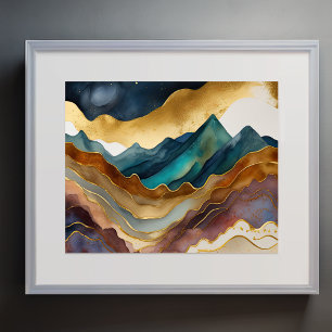 Abstract Landschap Schilderij Goud Roest Blauw Poster