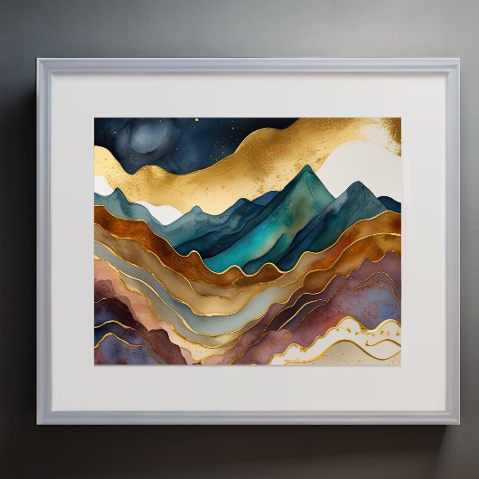 Abstract Landschap Schilderij Goud Roest Blauw Poster