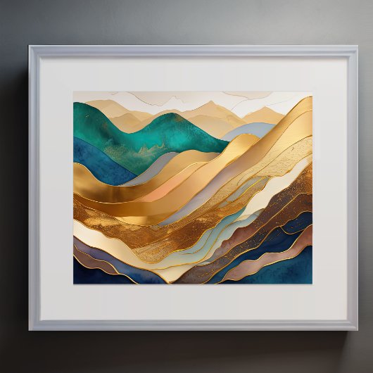 Abstract Landschap Schilderij Goud Roest Blauw Poster