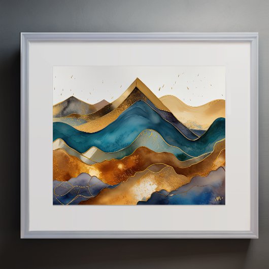 Abstract Landschap Schilderij Goud Roest Blauw Poster