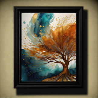 Abstract Landschap Schilderij Goud Roest Blauw Poster