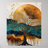 Abstract Landschap Schilderij Goud Roest Blauw Poster (Voorkant)