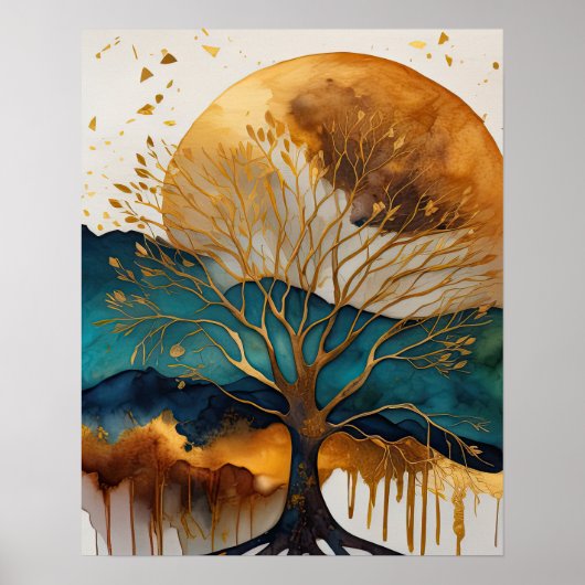 Abstract Landschap Schilderij Goud Roest Blauw Poster (Voorkant)